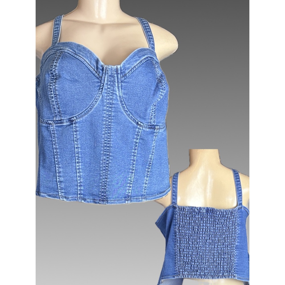 Tinseltown 4X Blue Denim Corset Bustier Top Smocked Back Sweetheart Neckline